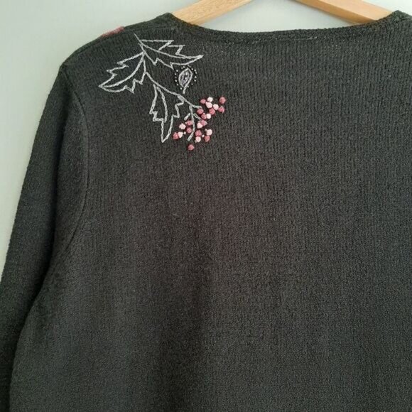 TANJAY / Floral Embroidered Button Down Fine Knit Cardigan Sweater Black Sz M P - Picture 11 of 15